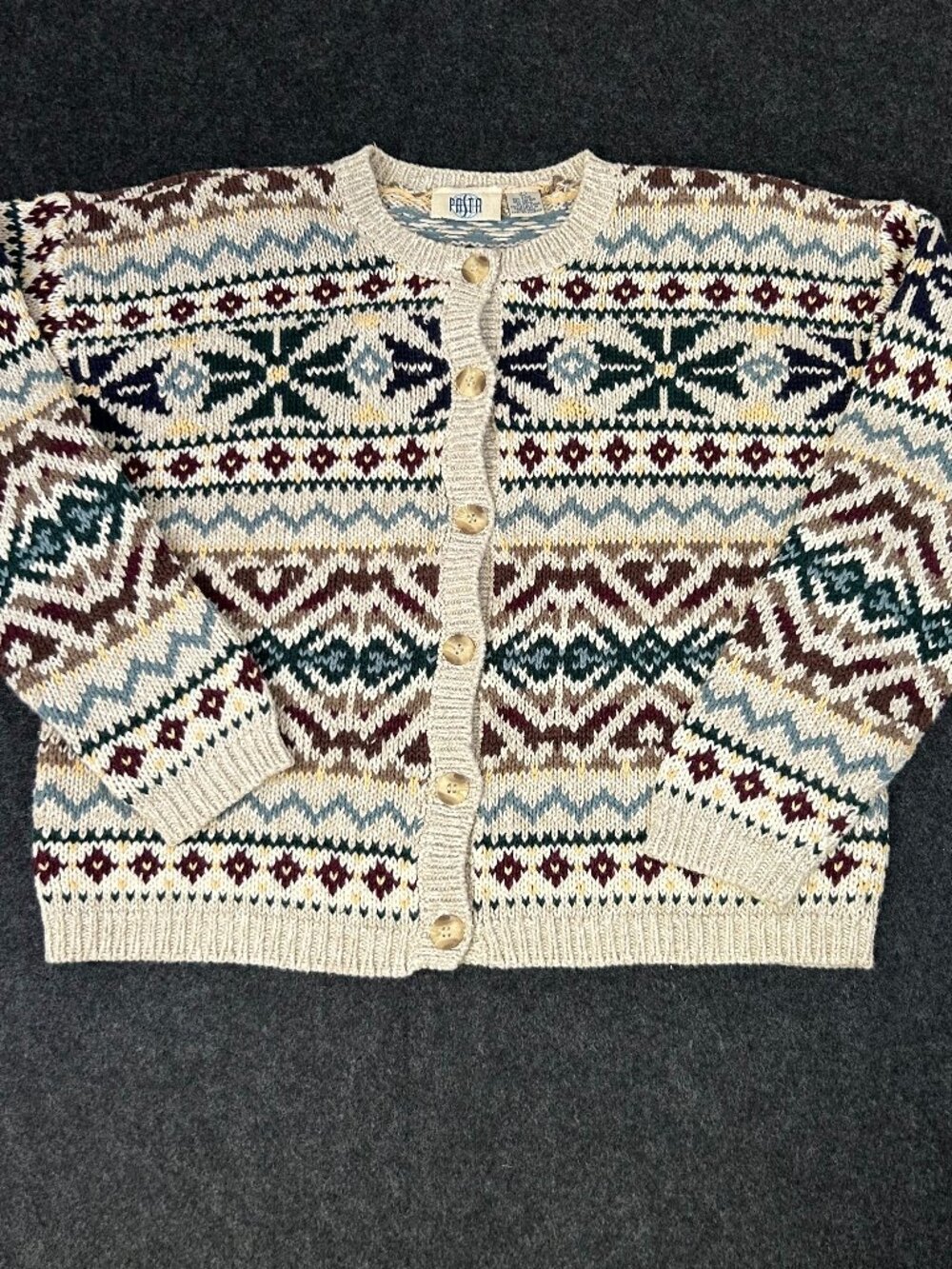Pasta Fair Isle Cardigan Sweater Womens Large Nordic Ramie Cotton